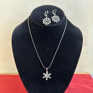 Vintage Rhinestone Snowflake Pendant and Dangle Earrings Pierced, Costume